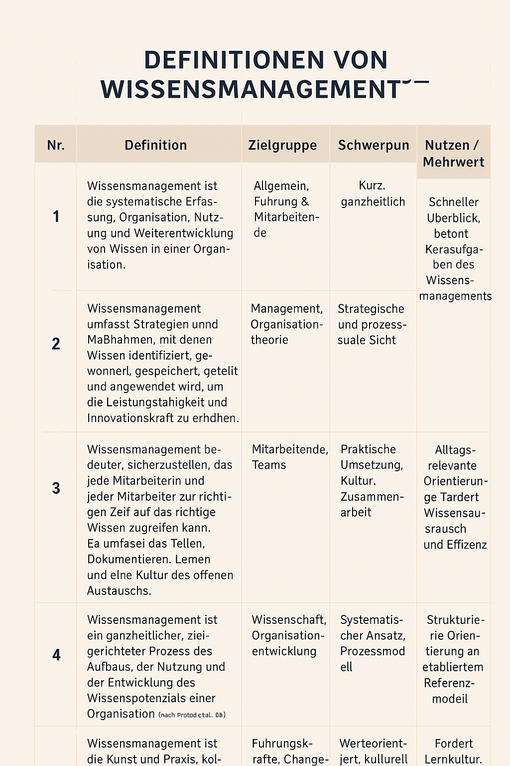 KI generierte Tabelle zu Wissensmanagement Definitionen als Bilc (chatGPT 2025-10-10)